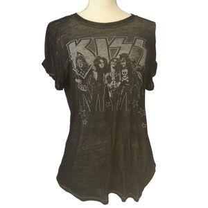 KISS Band Tee Rock N Roll Burnout Graphic T-Shirt womens size L paper thin black